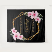 ブラックピンク花模様金ゴールド幾何学誕生日 タペストリー (正面(横))