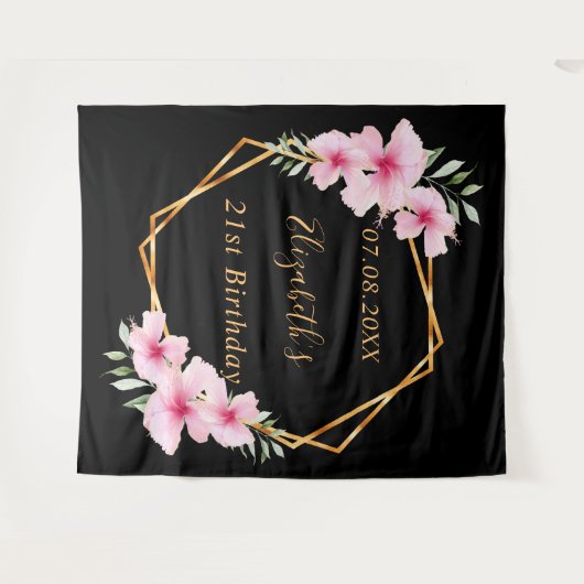 ブラックピンク花模様金ゴールド幾何学誕生日 タペストリー (正面(横))