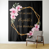 ブラックピンク花模様金ゴールド幾何学誕生日 タペストリー (インサイチュ)