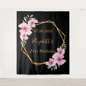 ブラックピンク花模様金ゴールド幾何学誕生日 タペストリー (正面)