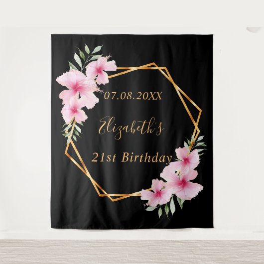 ブラックピンク花模様金ゴールド幾何学誕生日 タペストリー (正面)