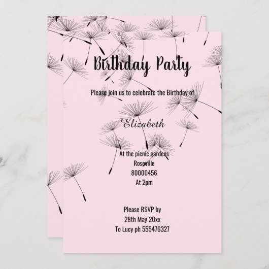 ブラックピンク落としタンポポ花誕生日 招待状 (正面/裏面)