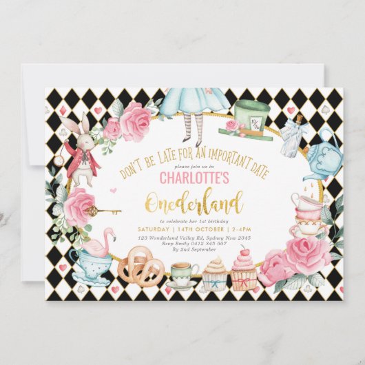 ブラックピンク金ゴールドアリスinオネダーランド誕生日ティー 招待状 (正面)