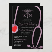 ブラックピンク金ゴールドモダン看護卒業式パーティー 招待状 (正面/裏面)