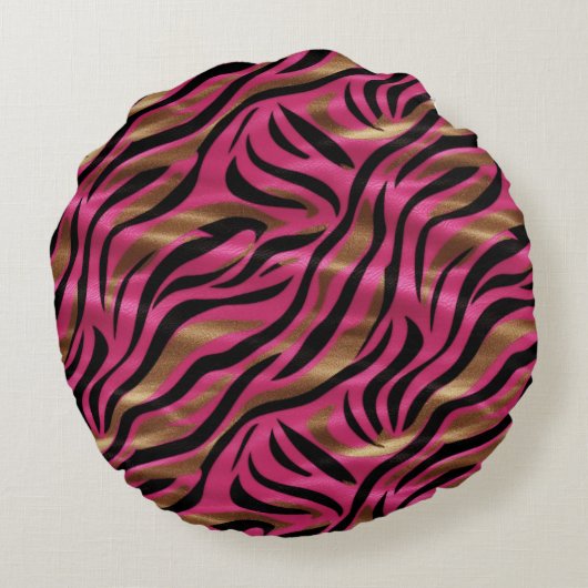 ブラックピンク金ゴールド縞模様アニマルプリント模様 ラウンドクッション (裏面)