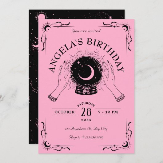 ブラックピンク魔法ムーンクリスタルボール誕生日 招待状 (正面/裏面)