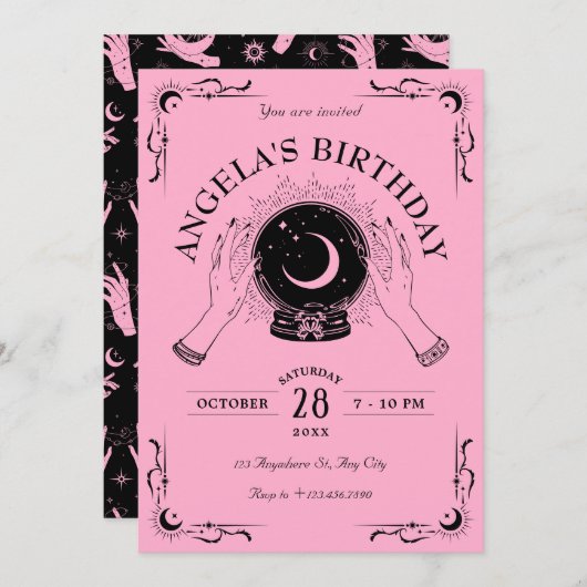 ブラックピンク魔法ムーンクリスタルボール誕生日 招待状 (正面/裏面)