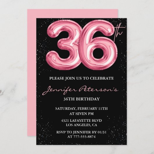 ブラックピンク36歳の誕生日招待状バルーングラム 招待状 (正面/裏面)
