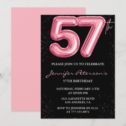 ブラックピンク57歳の誕生日招待状バルーングラム 招待状 (正面/裏面)