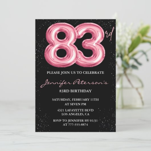 ブラックピンク バルーン ギャル ギター 83歳の誕生日 招待状 (スタンド正面)