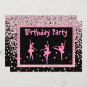 ブラックピンク バレリーナ スパークル 子供の誕生日 招待状 (正面/裏面)