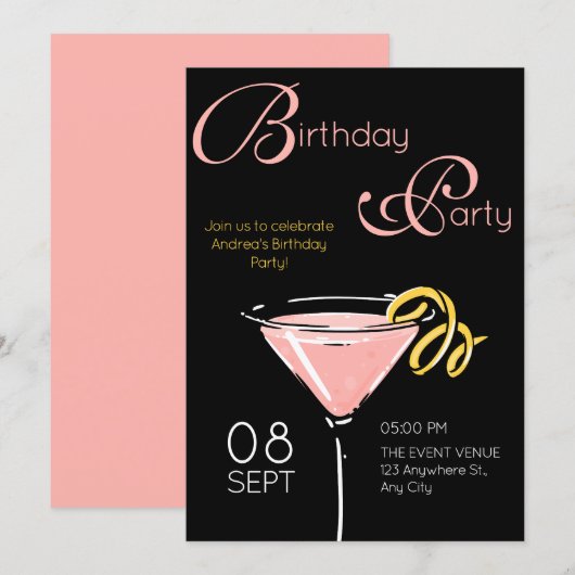 ブラックピンク ファンシー カクテル 誕生日 招待状 (正面/裏面)