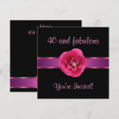 ブラックピンク フラワー ファビュラス 40歳のパーティー 招待状 (正面/裏面)