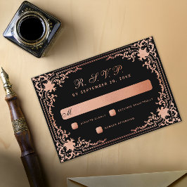 ブラックピンク ヴィンテージ エレガント カリグラフィー ウェディング 出欠カード