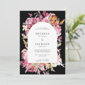 ブラックピンク&赤面水彩花アーチズ結婚ーズ 招待状 (スタンド正面)