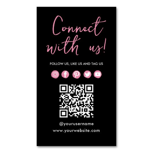 ブラックピンクConnect With UsソーシャルメディアQRコード マグネット名刺 (正面縦)