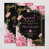 ブラックピンクSweet sixteen金ゴールド16th女の子誕生日 招待状 (正面/裏面)