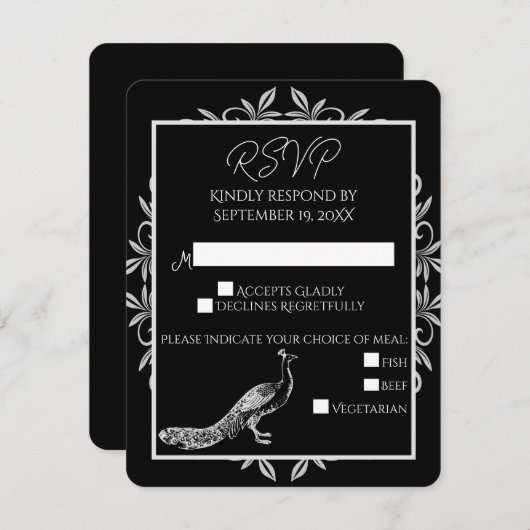 ブラックピーコックフローリッシュウェディングカードRSVP 出欠カード (正面/裏面)