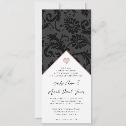 ブラックピーチピンクのダマスク・スワール結婚式招待状 招待状 (正面)