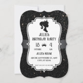 ブラックファンシーグリッター輝きドール誕生日 招待状 (正面)