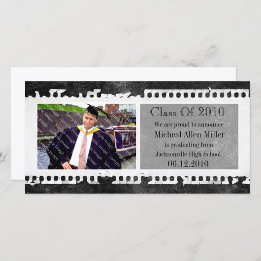 ブラックフィルムフレームグランジ卒業フォトカード 案内状 (正面/裏面)
