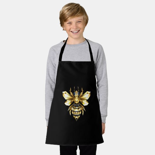 ブラックフェイクにゴールドフォイルのロゴBee多角形 エプロン (着用した状態)