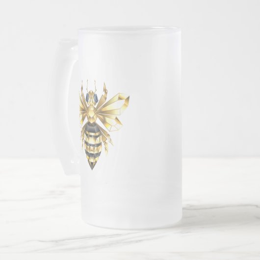 ブラックフェイクにゴールドフォイルのロゴBee多角形 フロストグラスビールジョッキ (正面左)