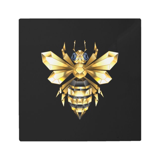 ブラックフェイクにゴールドフォイルのロゴBee多角形 メタルプリント (正面)