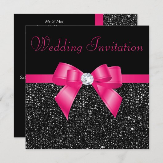 ブラックフェイクシークインズホットピンクボウ結婚ズ 招待状 (正面/裏面)