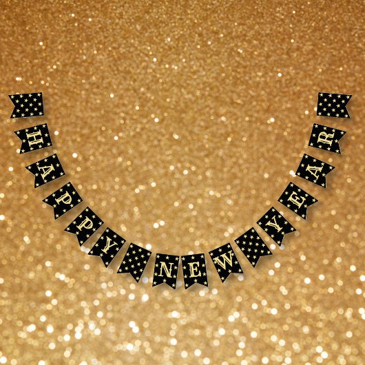 ブラックフェイク金ゴールドスターズハッピーニューイヤーイブパーティー バンティングフラッグ