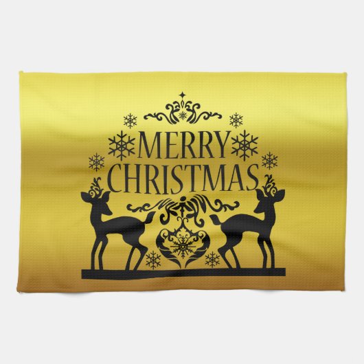 ブラックフェイク金ゴールドメリークリスマスキッチンハンドタオル キッチンタオル (横)