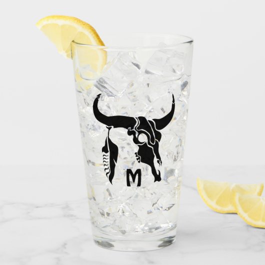 ブラックフェザー付きTribal Longhornブルスカル タンブラーグラス (アイス正面)