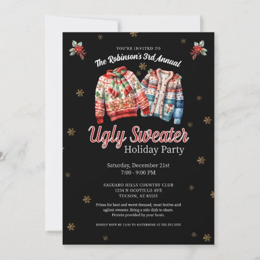 ブラックフェスティバル年間醜いセーターのクリスマスパーティー 招待状 (正面)