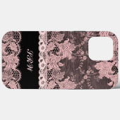 ブラックフェミニンに縁取られたピンクレースイニシャル Case-Mate iPhoneケース (裏面 (横))
