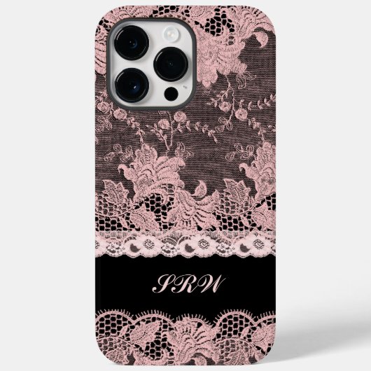 ブラックフェミニンに縁取られたピンクレースイニシャル Case-Mate iPhoneケース (裏面)