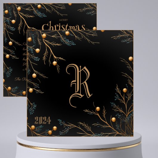 ブラックフエレガントァミリーモノグラムクリスマスカード シーズンカード