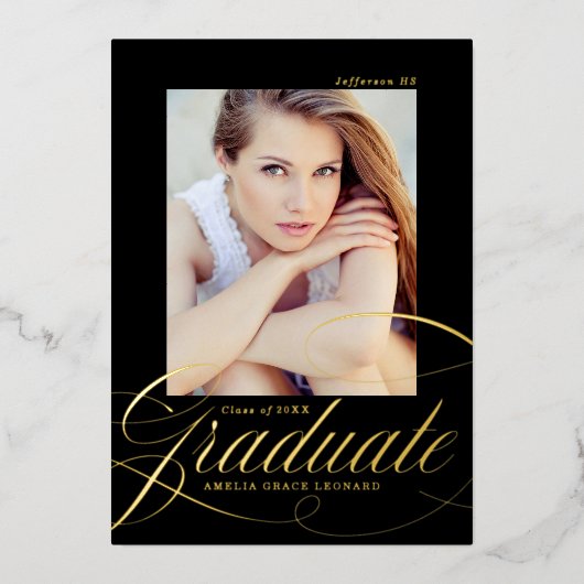 ブラックフォイルとゴールドフォイルのスクリプトの卒業発表 箔招待状 (正面)