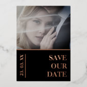 ブラックフォトウェディング日付保存バラ金ゴールド 箔シーズンカード (正面)