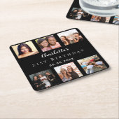 ブラックフォトコラージュ誕生日パーティー スクエアペーパーコースター (アングル)