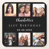 ブラックフォトコラージュ誕生日パーティー スクエアペーパーコースター (正面)