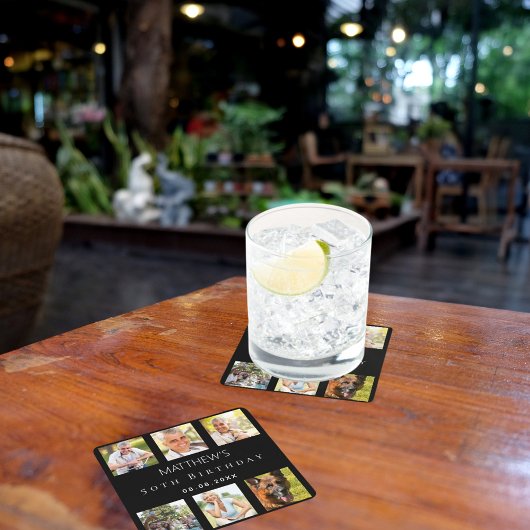 ブラックフォトコラージュ誕生日パーティー スクエアペーパーコースター