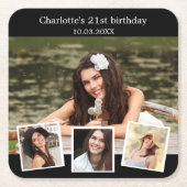 ブラックフォトコラージュ誕生日パーティー スクエアペーパーコースター (正面)