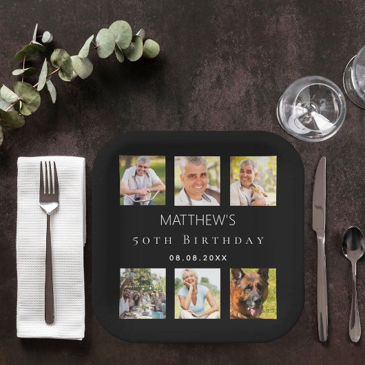 ブラックフォトコラージュ誕生日パーティー ペーパープレート