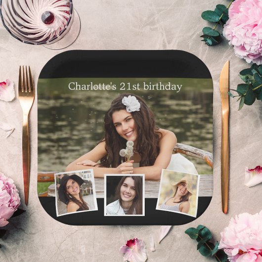 ブラックフォトコラージュ誕生日パーティー ペーパープレート