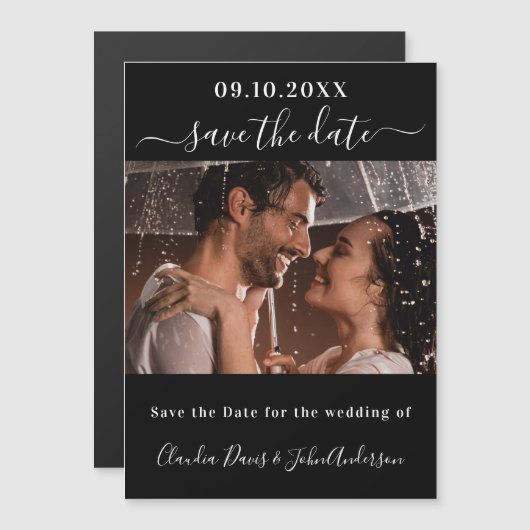 ブラックフォトスクリプト結婚式は日付の磁石を保存 (正面/裏面)