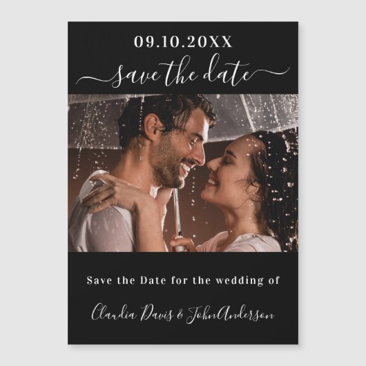 ブラックフォトスクリプト結婚式は日付の磁石を保存 (正面)