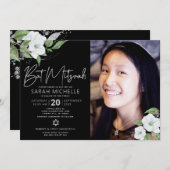 ブラックフォトバルミツワーシルバーフローラ水彩 招待状 (正面/裏面)