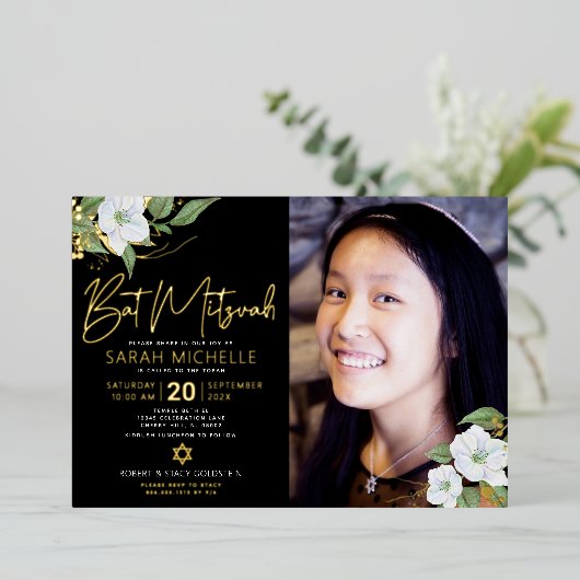 ブラックフォトバルミツワーフローラスクリプ実在ト金ゴールド 箔招待状 (立ち正面)