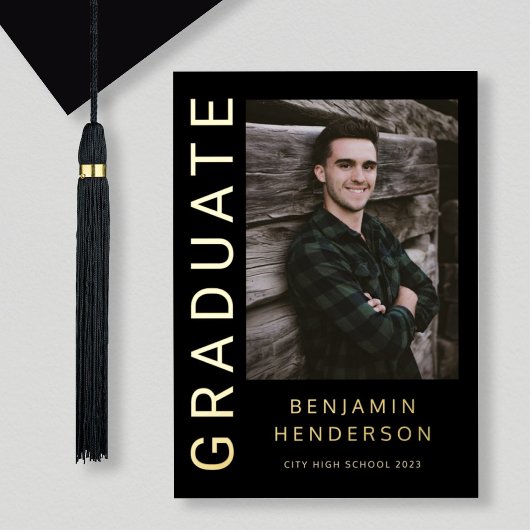 ブラックフォトボーイゴールドフォイル卒業発表 箔招待状