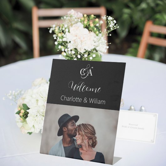 ブラックフォトモノグラム結婚のウェルカムサイン 台座サイン